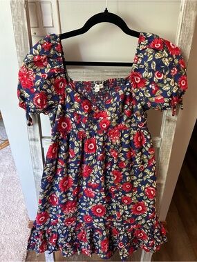 Blu Pepper Navy Dress with Red Floral Print